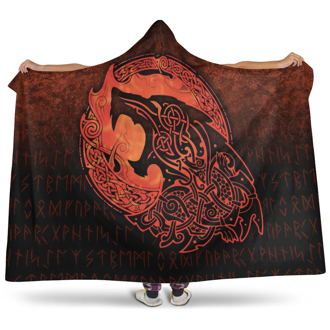 Viking Hooded Blanket, Fenrir Viking 3D Tattoo, Orange Version Hooded Blanket