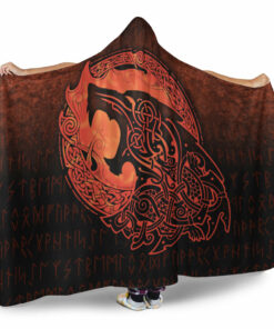 Viking Hooded Blanket, Fenrir Viking 3D Tattoo, Orange Version Hooded Blanket