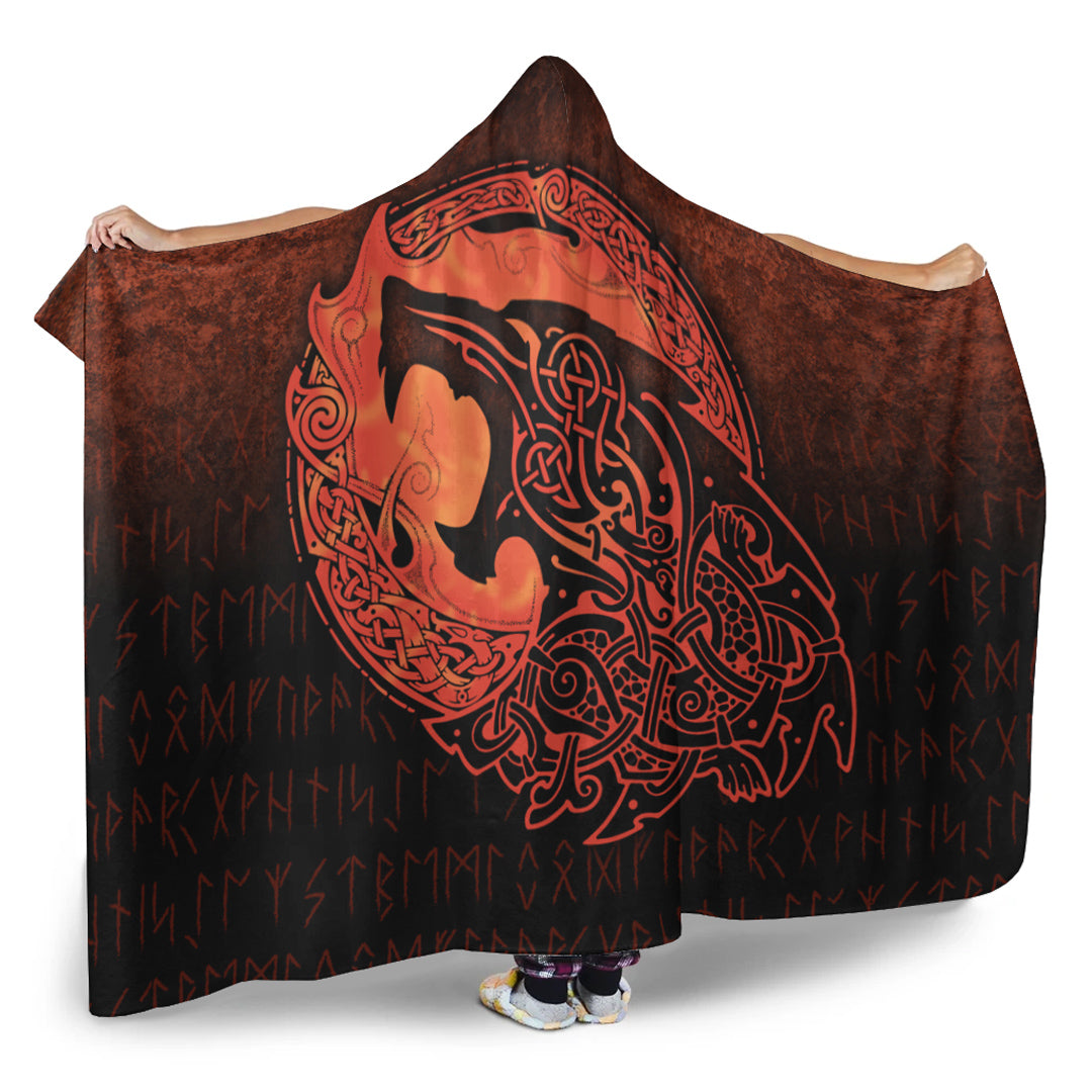 Viking Hooded Blanket, Fenrir Viking 3D Tattoo, Orange Version Hooded Blanket