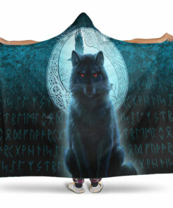 Viking Hooded Blanket, Fenrir Viking Wolf, Cyan Version Hooded Blanket