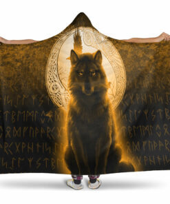 Viking Hooded Blanket, Fenrir Viking Wolf, Gold Version Hooded Blanket