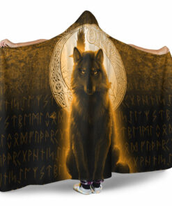 Viking Hooded Blanket, Fenrir Viking Wolf, Gold Version Hooded Blanket