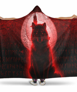 Viking Hooded Blanket, Fenrir Viking Wolf, Red Version Hooded Blanket