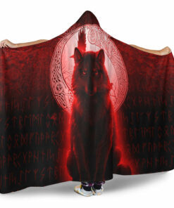 Viking Hooded Blanket, Fenrir Viking Wolf, Red Version Hooded Blanket