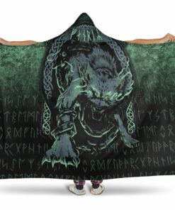 Viking Hooded Blanket, Fenrir Wolf Norse Futhark Runes Viking Mythology Ragnarok Green Hooded Blanket
