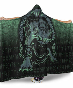 Viking Hooded Blanket, Fenrir Wolf Norse Futhark Runes Viking Mythology Ragnarok Green Hooded Blanket