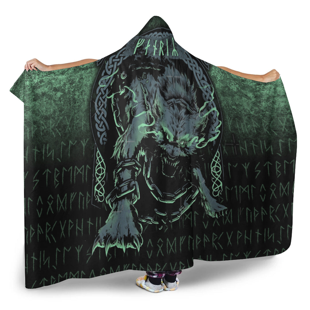 Viking Hooded Blanket, Fenrir Wolf Norse Futhark Runes Viking Mythology Ragnarok Green Hooded Blanket