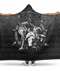 Viking Hooded Blanket, Fenrir Wolf Of Odin Norse Runes Thor Hammer Mjolnir Hooded Blanket