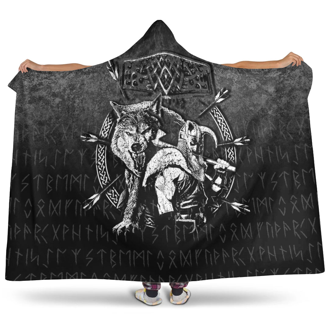 Viking Hooded Blanket, Fenrir Wolf Of Odin Norse Runes Thor Hammer Mjolnir Hooded Blanket