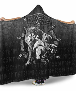 Viking Hooded Blanket, Fenrir Wolf Of Odin Norse Runes Thor Hammer Mjolnir Hooded Blanket