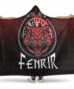 Viking Hooded Blanket, Fenrir Wolf Runes Norse Vikings Hooded Blanket