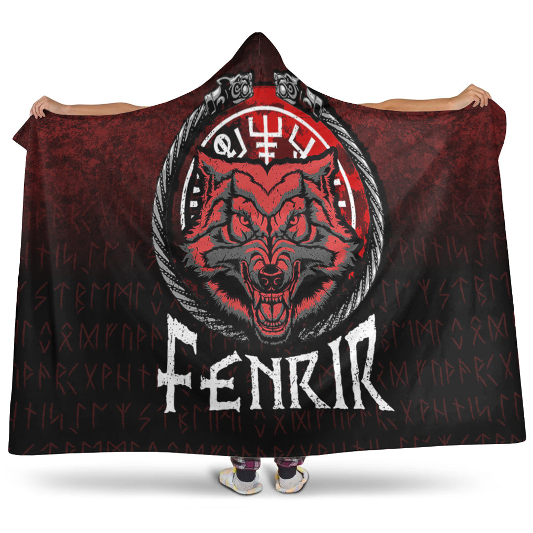 Viking Hooded Blanket, Fenrir Wolf Runes Norse Vikings Hooded Blanket
