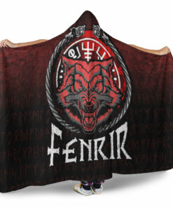 Viking Hooded Blanket, Fenrir Wolf Runes Norse Vikings Hooded Blanket