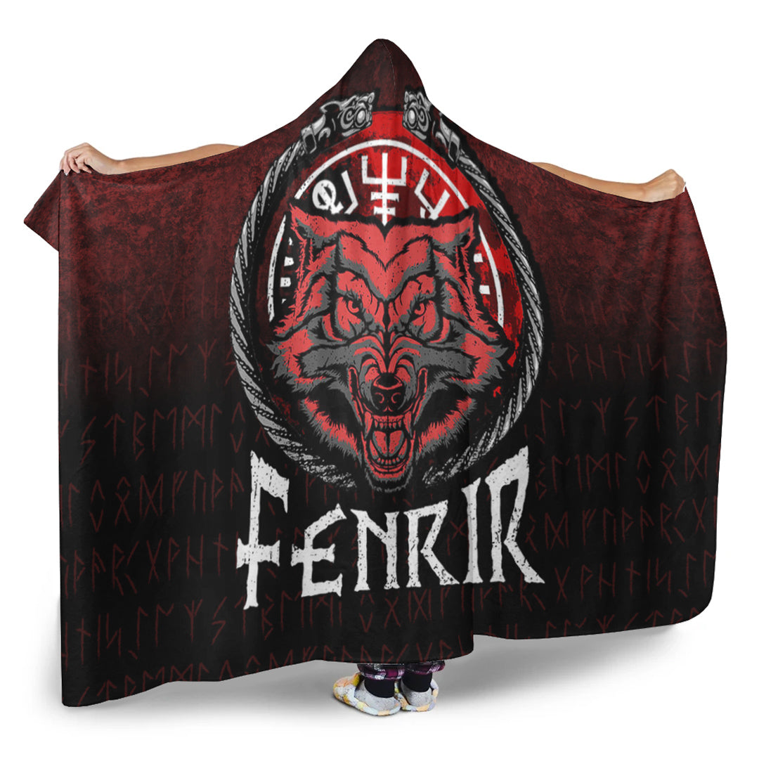 Viking Hooded Blanket, Fenrir Wolf Runes Norse Vikings Hooded Blanket