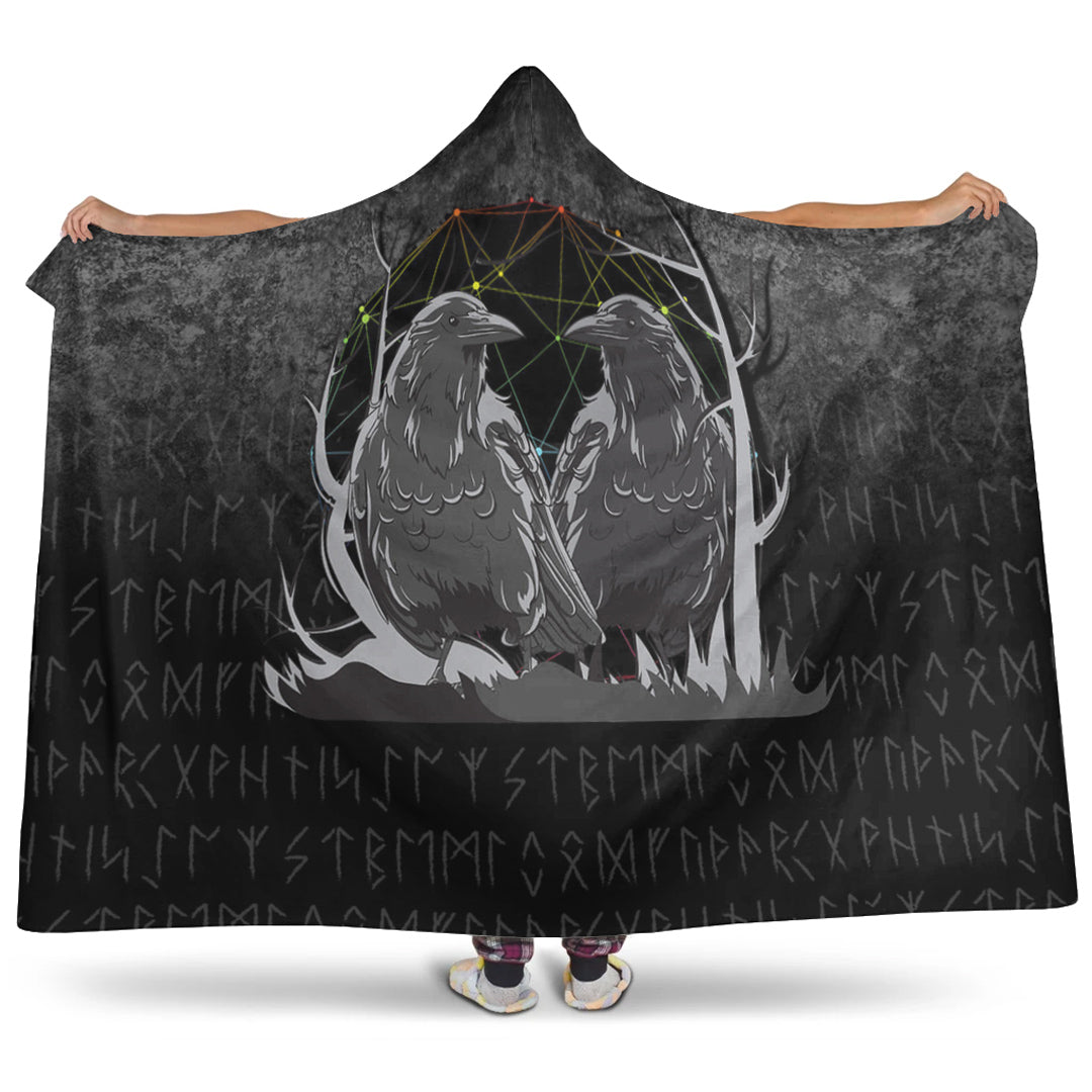 Viking Hooded Blanket, Huginn And Muninn Norse Mythology Ravens Midgard Birds Crow Hooded Blanket