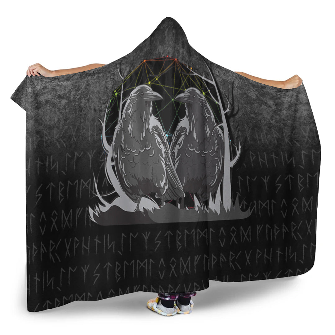 Viking Hooded Blanket, Huginn And Muninn Norse Mythology Ravens Midgard Birds Crow Hooded Blanket