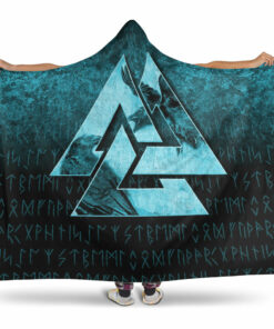 Viking Hooded Blanket, Huginn Muninn Ravens from Odin Viking, Cyan Version Hooded Blanket