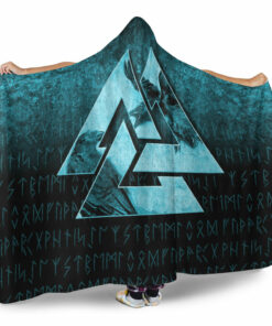 Viking Hooded Blanket, Huginn Muninn Ravens from Odin Viking, Cyan Version Hooded Blanket