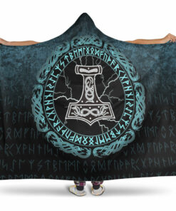 Viking Hooded Blanket, Mjolnir Hammer of Thor Runes Hooded Blanket