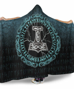 Viking Hooded Blanket, Mjolnir Hammer of Thor Runes Hooded Blanket