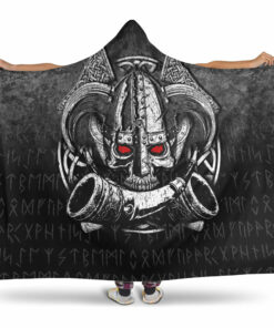 Viking Hooded Blanket, Nordic Mythology Skull Mead Horn Warrior Runes Viking Hooded Blanket