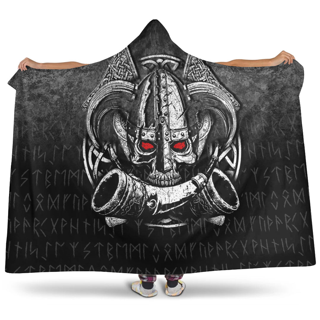 Viking Hooded Blanket, Nordic Mythology Skull Mead Horn Warrior Runes Viking Hooded Blanket
