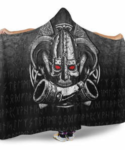 Viking Hooded Blanket, Nordic Mythology Skull Mead Horn Warrior Runes Viking Hooded Blanket