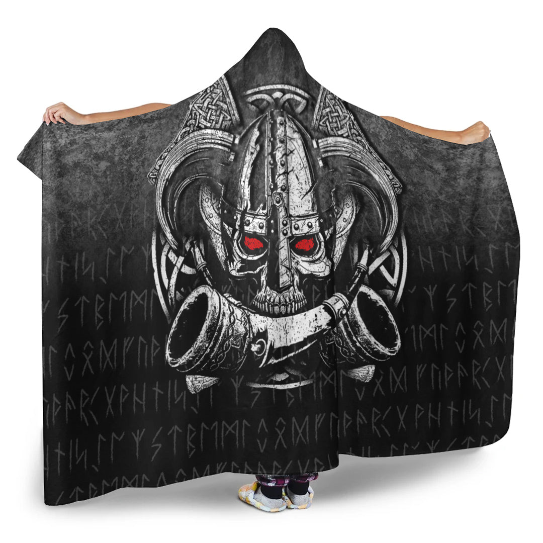 Viking Hooded Blanket, Nordic Mythology Skull Mead Horn Warrior Runes Viking Hooded Blanket