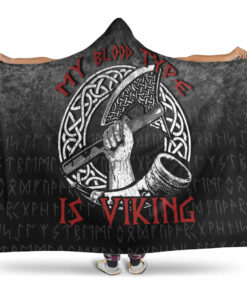 Viking Hooded Blanket, Norse Mythology Hornxe Warrior My Blood Type Is Viking Hooded Blanket