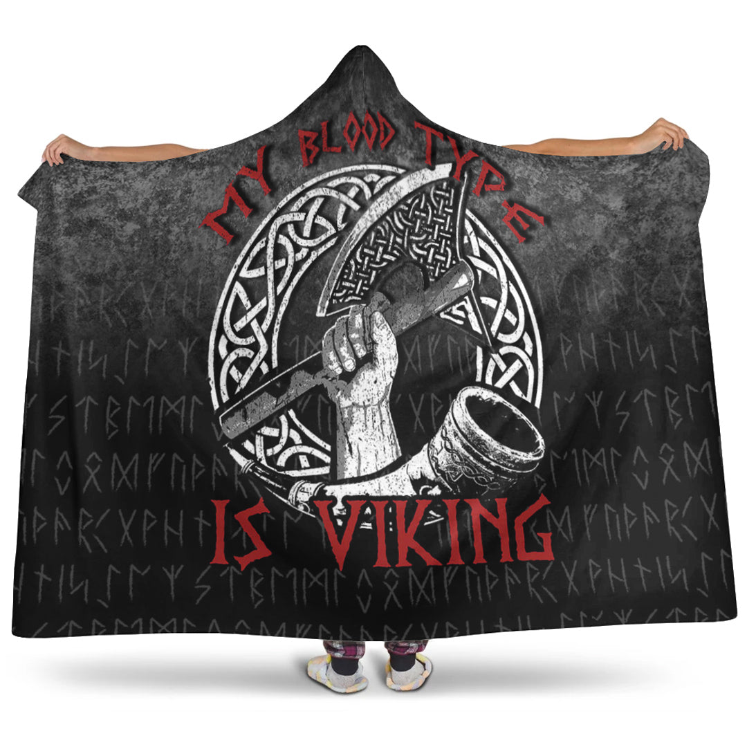 Viking Hooded Blanket, Norse Mythology Hornxe Warrior My Blood Type Is Viking Hooded Blanket