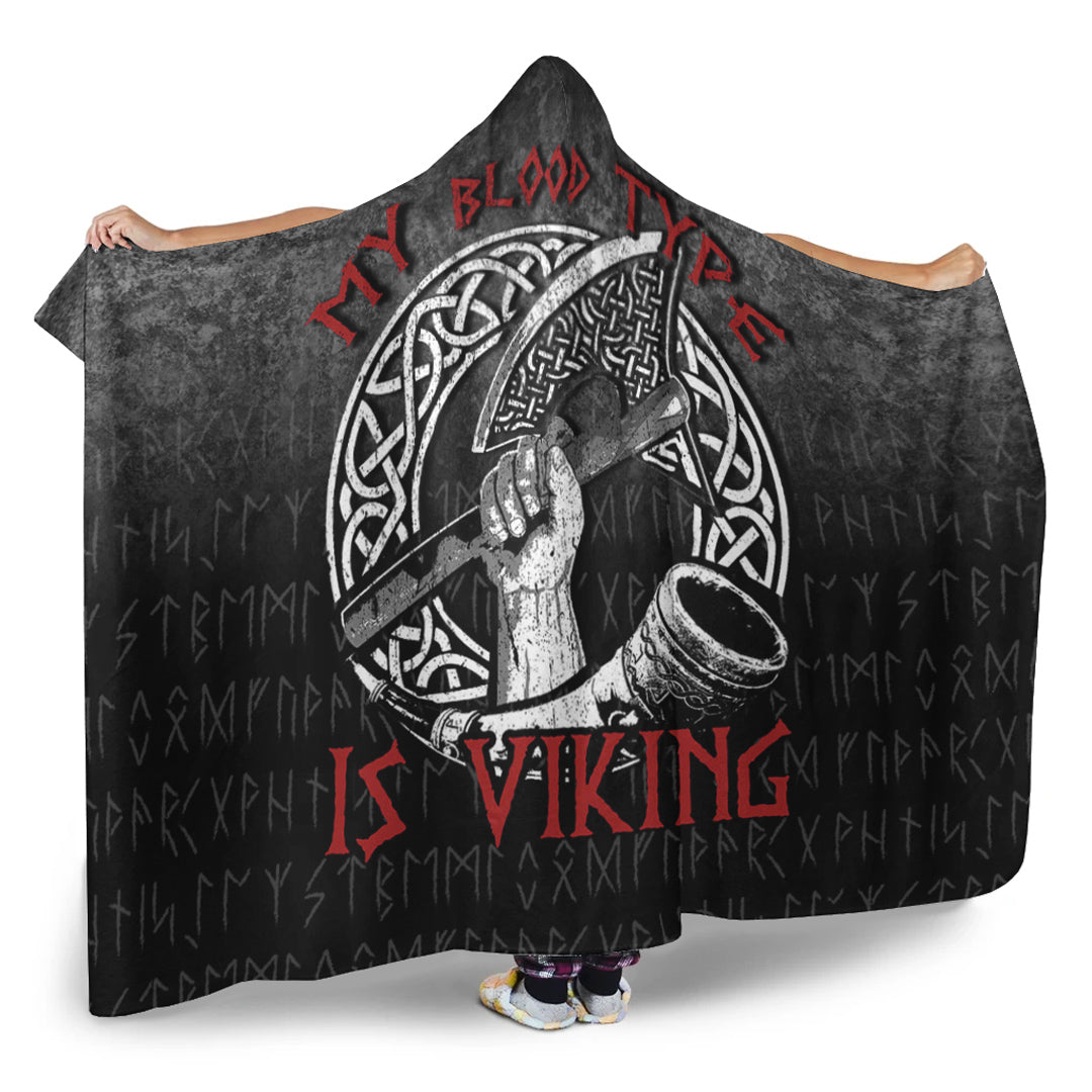 Viking Hooded Blanket, Norse Mythology Hornxe Warrior My Blood Type Is Viking Hooded Blanket