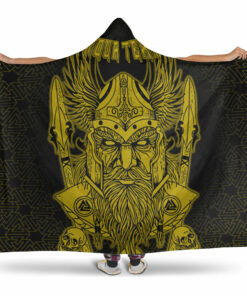 Viking Hooded Blanket, Odin And Raven Gold Text Viking Homeset Hooded Blanket