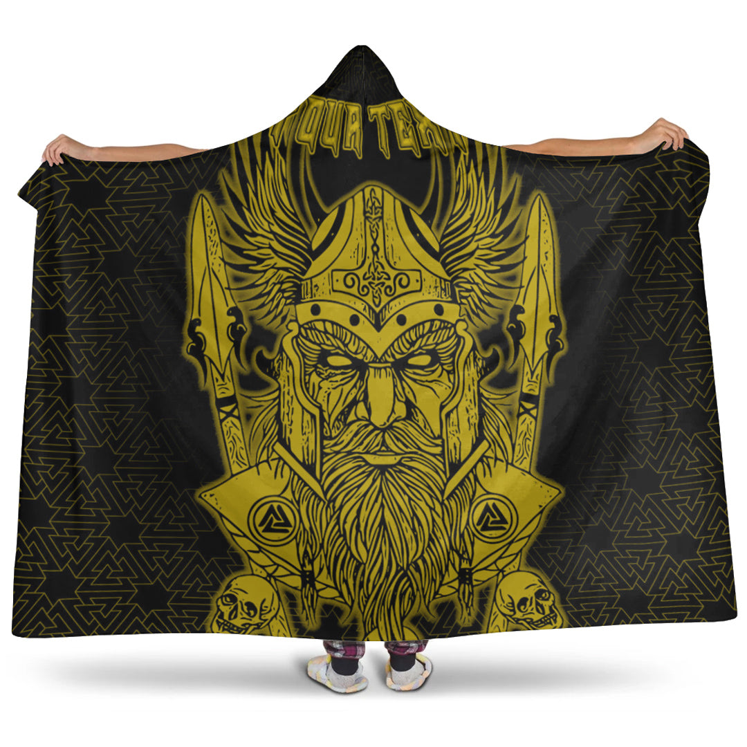 Viking Hooded Blanket, Odin And Raven Gold Text Viking Homeset Hooded Blanket