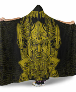 Viking Hooded Blanket, Odin And Raven Gold Text Viking Homeset Hooded Blanket