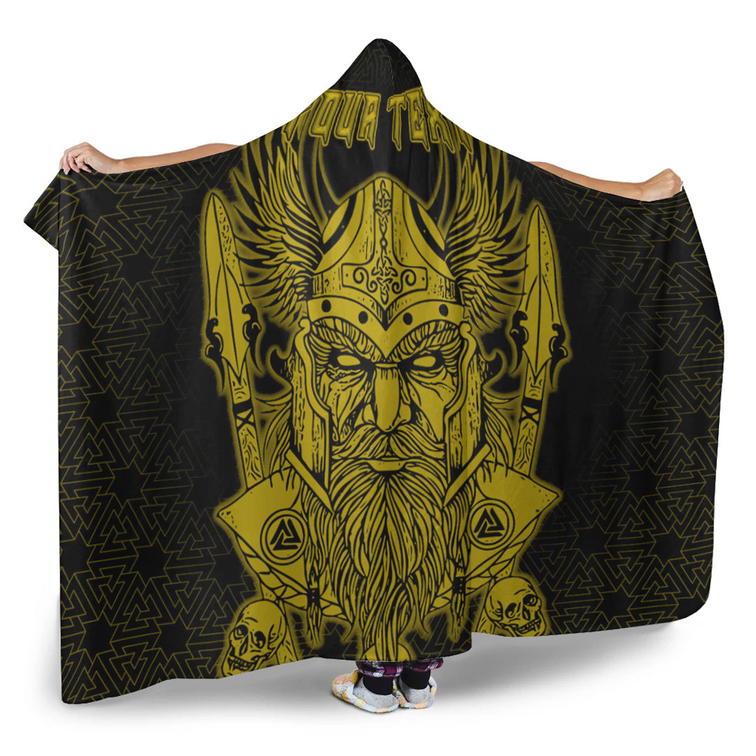 Viking Hooded Blanket, Odin And Raven Gold Text Viking Homeset Hooded Blanket