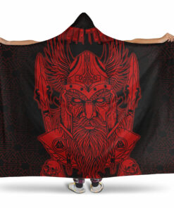 Viking Hooded Blanket, Odin And Raven Red Text Viking Homeset Hooded Blanket