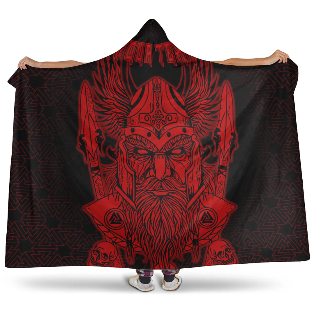 Viking Hooded Blanket, Odin And Raven Red Text Viking Homeset Hooded Blanket