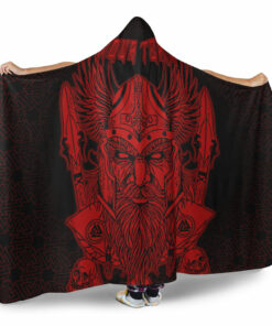 Viking Hooded Blanket, Odin And Raven Red Text Viking Homeset Hooded Blanket