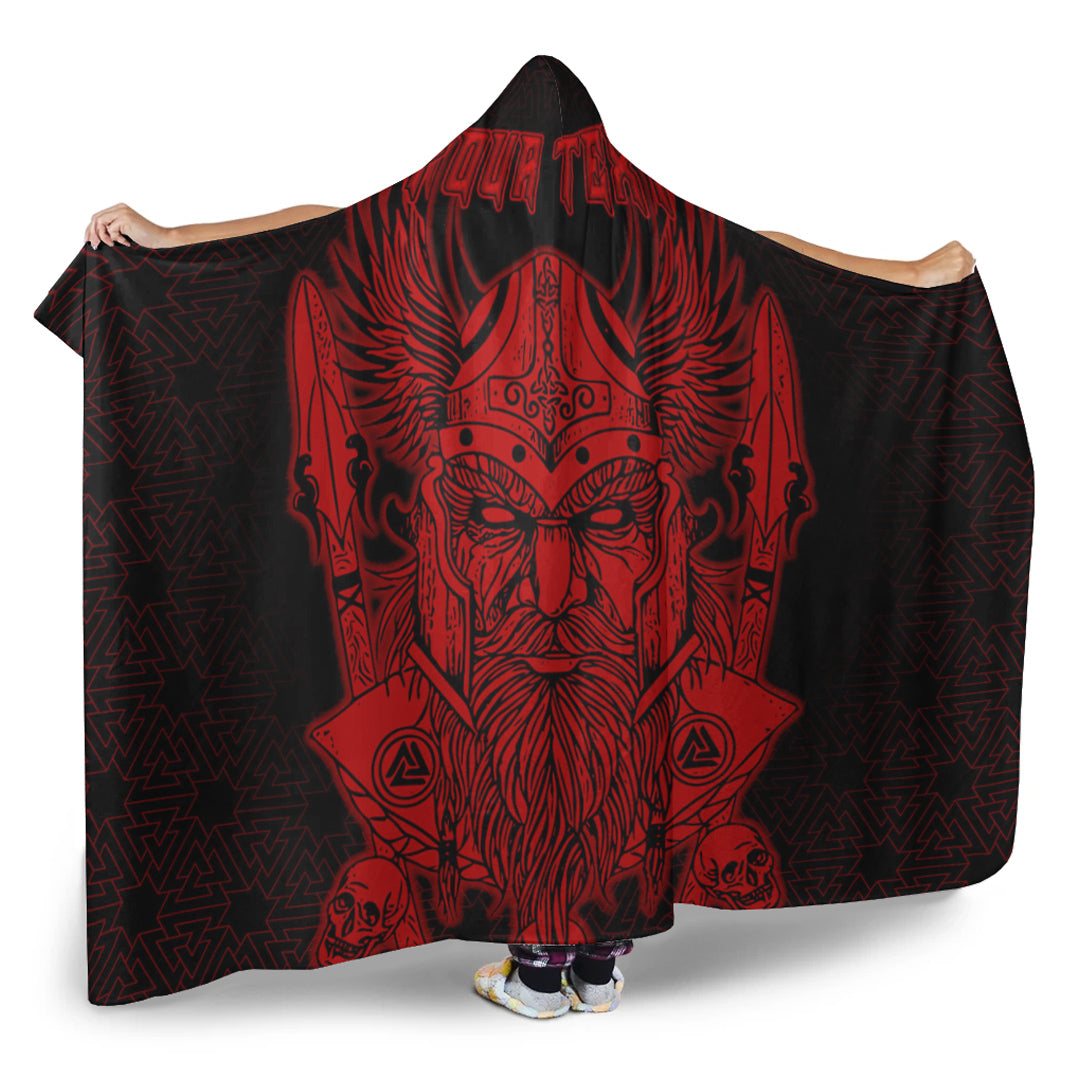 Viking Hooded Blanket, Odin And Raven Red Text Viking Homeset Hooded Blanket