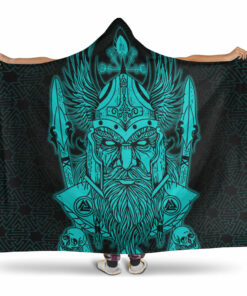 Viking Hooded Blanket, Odin And Raven Turquoise Text Viking Homeset Hooded Blanket