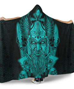 Viking Hooded Blanket, Odin And Raven Turquoise Text Viking Homeset Hooded Blanket