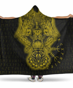 Viking Hooded Blanket, Odin And Raven Wolf Gold Viking Homeset Hooded Blanket