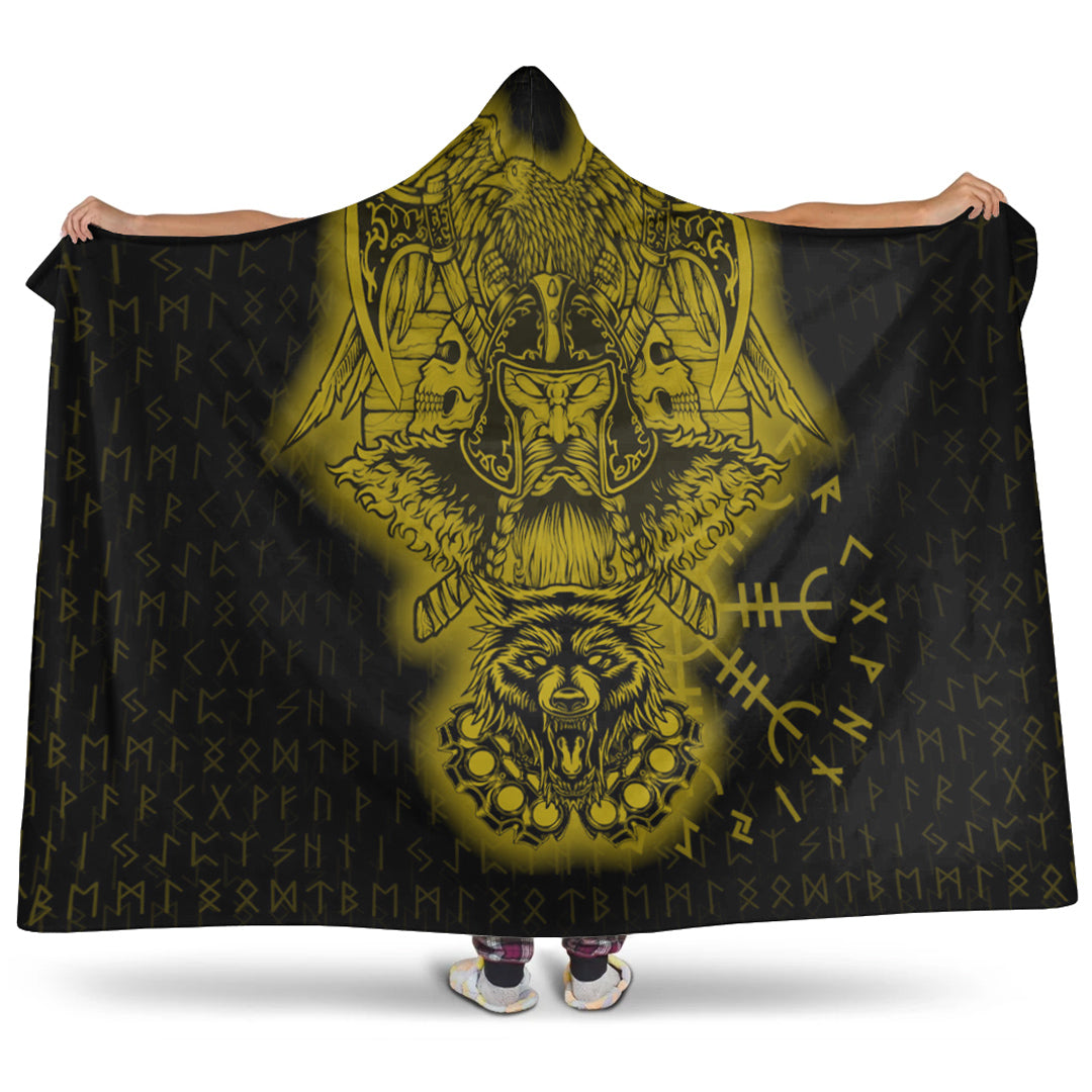 Viking Hooded Blanket, Odin And Raven Wolf Gold Viking Homeset Hooded Blanket