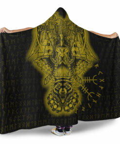 Viking Hooded Blanket, Odin And Raven Wolf Gold Viking Homeset Hooded Blanket