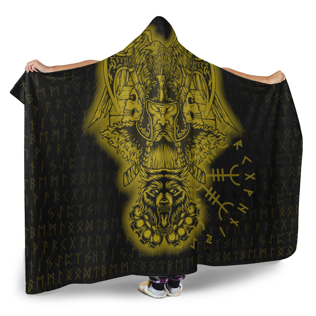 Viking Hooded Blanket, Odin And Raven Wolf Gold Viking Homeset Hooded Blanket