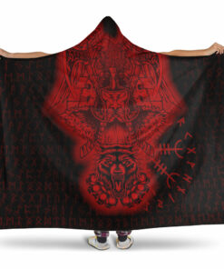 Viking Hooded Blanket, Odin And Raven Wolf Red Viking Homeset Hooded Blanket