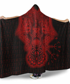 Viking Hooded Blanket, Odin And Raven Wolf Red Viking Homeset Hooded Blanket