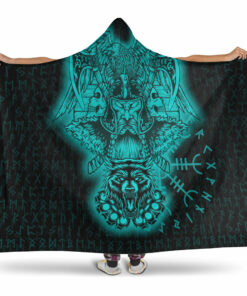 Viking Hooded Blanket, Odin And Raven Wolf Turquoise Viking Homeset Hooded Blanket