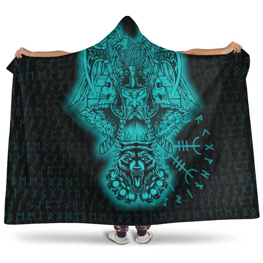 Viking Hooded Blanket, Odin And Raven Wolf Turquoise Viking Homeset Hooded Blanket