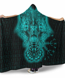 Viking Hooded Blanket, Odin And Raven Wolf Turquoise Viking Homeset Hooded Blanket